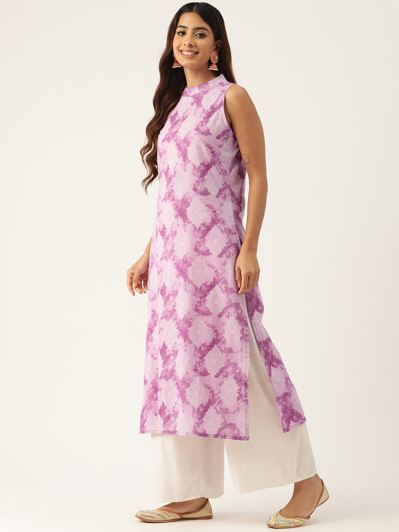 Cotton Printed Sleeveless Straight Long Kurti