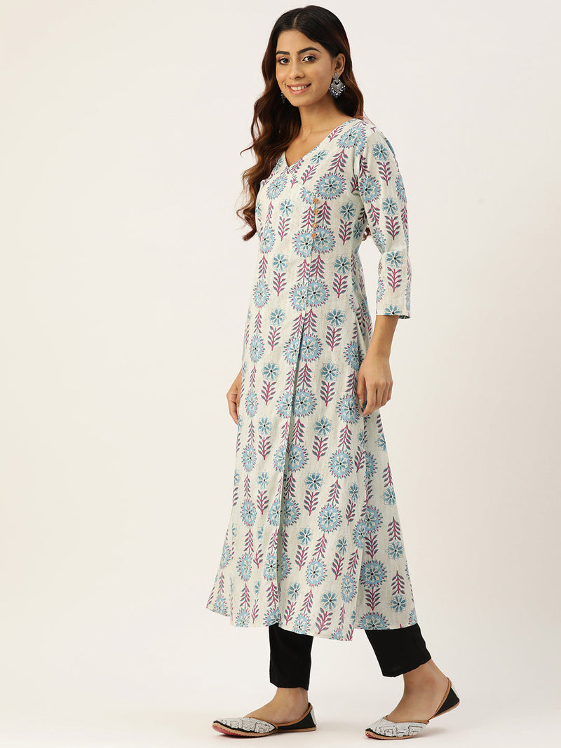 Floral Print 4 Button Angrakha Long Kurti