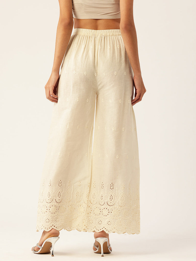 Beige Palazzos | Embroidered Elegnace With Elastic Waist & Single Pocket