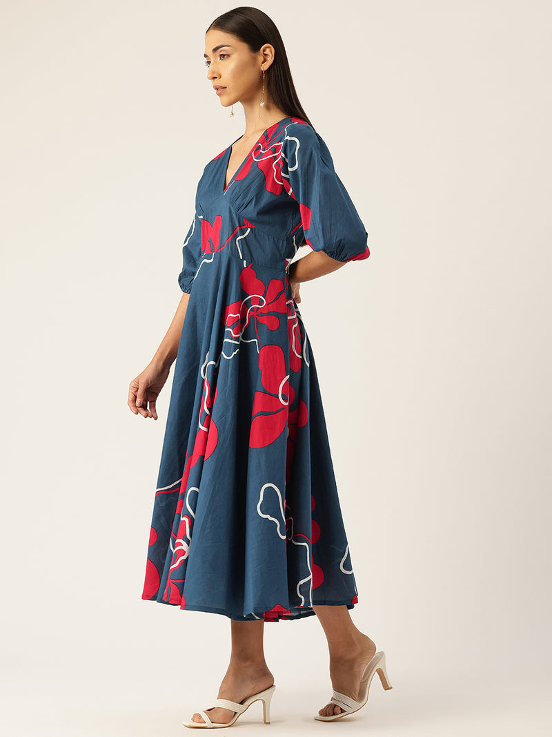Women's Pure Cotton Floral Printed A-Line Gown with 3/4 Puff Sleeves & V-Neck
