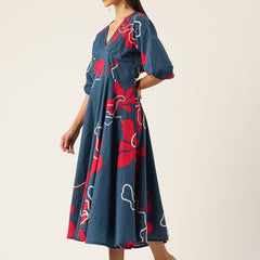 Women's Pure Cotton Floral Printed A-Line Gown with 3/4 Puff Sleeves & V-Neck