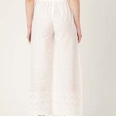 White White Embroidered Cotton Palazzos–Elastic Waist & Ankle-Length with Side Pocket