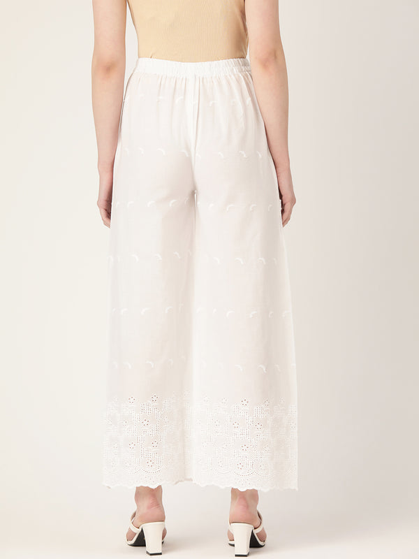 White White Embroidered Cotton Palazzos–Elastic Waist & Ankle-Length with Side Pocket