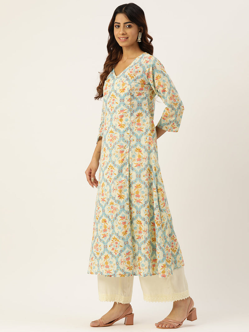 Floral Print 4 Button Angrakha Long Kurti