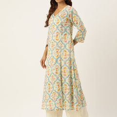 Floral Print 4 Button Angrakha Long Kurti