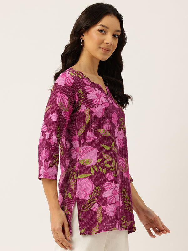 3/4 Sleeve Round Neck Vcut top Magenta Colour