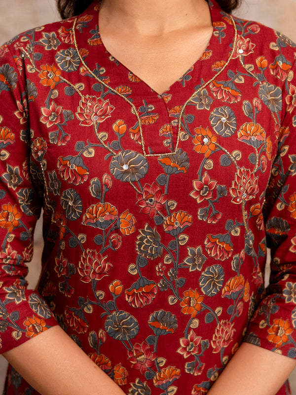 Pure Cotton Red Floral Printed 3-Piece Kurta Set with Dupatta