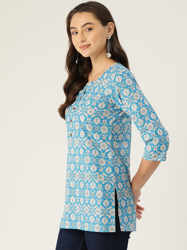 Floral Print 4 Button Straight Kurti