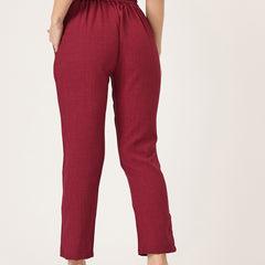 Maroon Linen Trouser - Ankle-Length Pant , Partially Elasticated ,Double Pockets