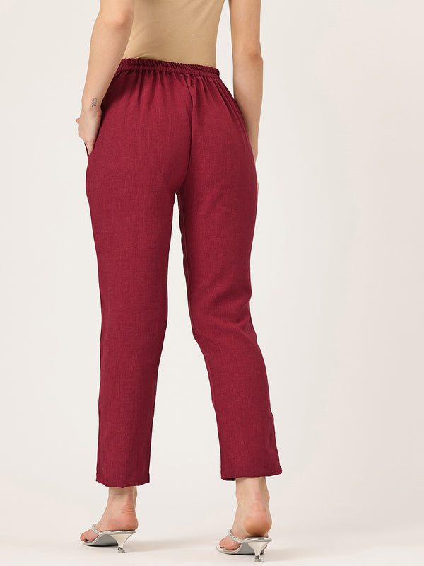 Maroon Linen Trouser - Ankle-Length Pant , Partially Elasticated ,Double Pockets