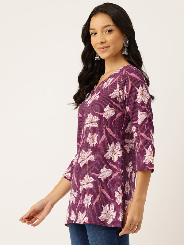 3/4 Sleeve Round Neck Vcut top White Colour