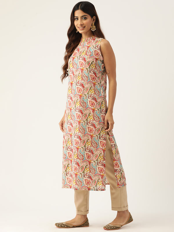 Women’s Pure Cotton Angrakha Kurti with Floral Print | 3/4 Sleeves | Adjustable Side Tie | Sizes S–XXL