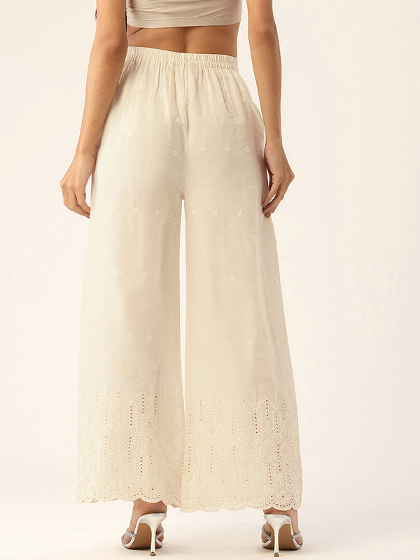 Beige Palazzos | Embroidered Elegnace With Elastic Waist & Single Pocket