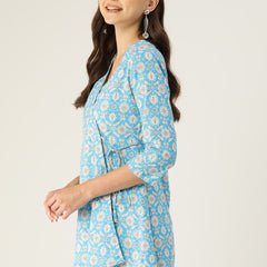 Floral Print Angrakha 3\4 Sleeves Flared Kurti