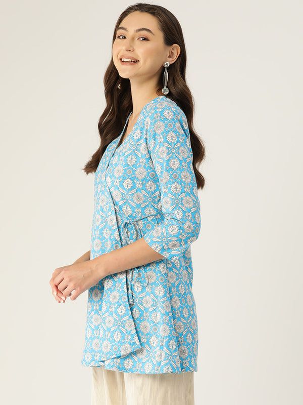 Floral Print Angrakha 3\4 Sleeves Flared Kurti