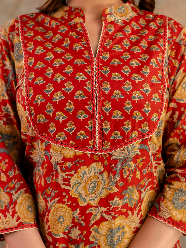 Pure Cotton Red Printed 3-Piece Kurta Set with Dupatta
