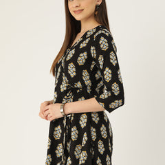 Floral Print Angrakha 3\4 Sleeves Flared Kurti