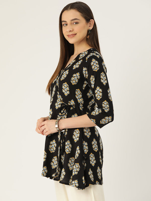 Floral Print Angrakha 3\4 Sleeves Flared Kurti