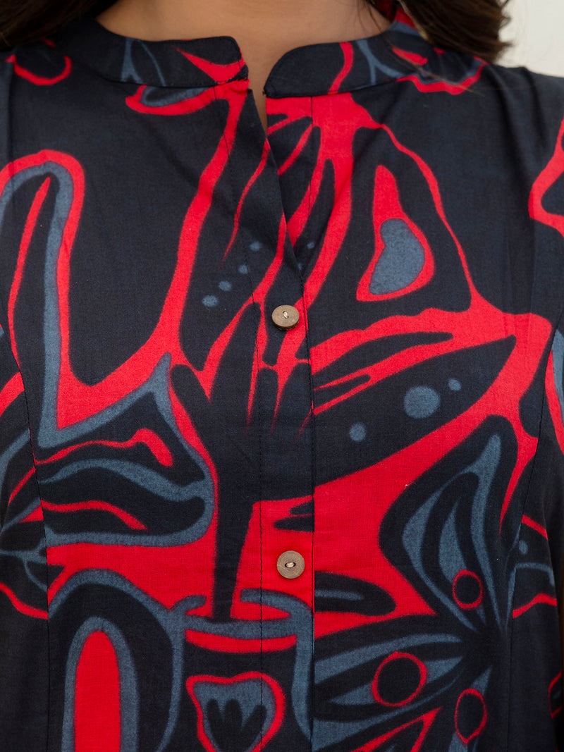 Luxury Mandarin Collar Printed Co-Ord Set with Button Detail A-Line Kurta & Comfort Fit Pants