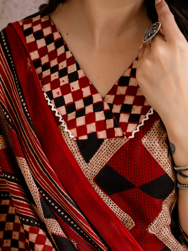 Bordered V-Neck 3-Piece Kurta Set with Ankle-Length Pants & Full-Length Dupatta (M–XXL)