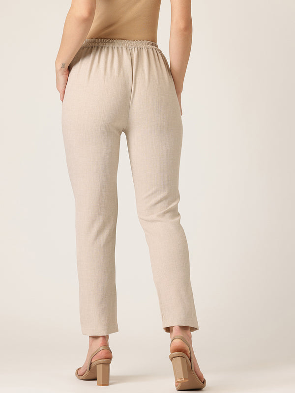 Brown Linen Trouser - Ankle-Length Pant , Partially Elasticated ,Double Pockets