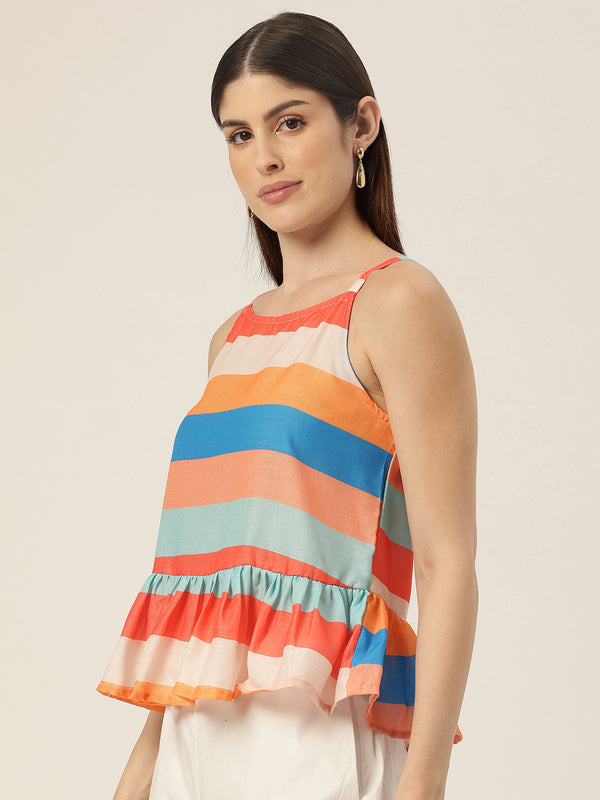 Cropped Sleeveless strap Peplum top with digital print on linen fabric.| Size- Small| Colour - Mustard, Royal, Peach, Aqua