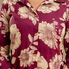 Purple Women’s Co-Ord Set–Printed Collared Kurta with 3/4 Sleeves & Elastic Waist Pants