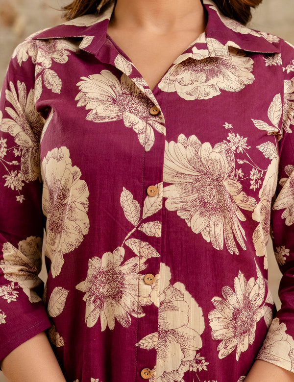 Purple Women’s Co-Ord Set–Printed Collared Kurta with 3/4 Sleeves & Elastic Waist Pants