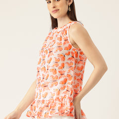 Cropped Sleeveless Elasticated Neck Bottom Flared Top with digital print on linen fabric.  | Size- Small |  Colour - White, Peach