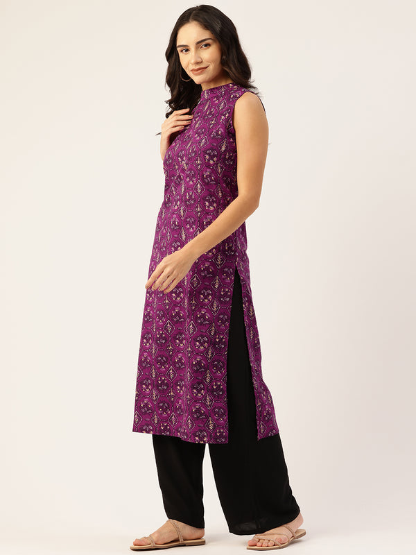 Women’s Pure Cotton Angrakha Kurti with Floral Print | 3/4 Sleeves | Adjustable Side Tie | Sizes S–XXL