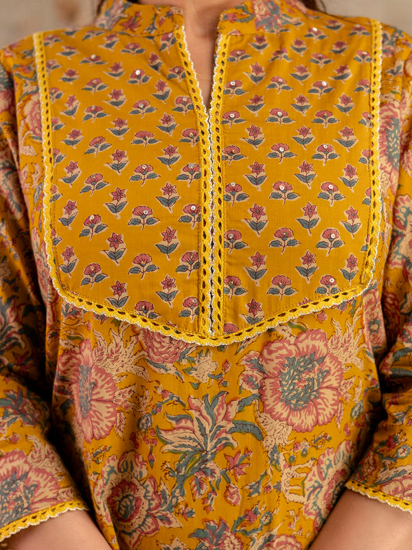Pure Cotton Mustard Printed 3-Piece Kurta Set with Dupatta