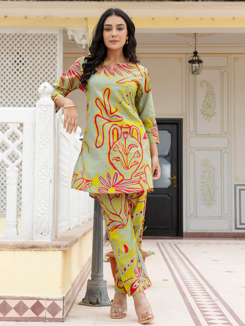 Green Breezy Printed Cotton Co-Ord Set for Comfortable All-Day Wear