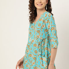 Floral Print Angrakha 3\4 Sleeves Flared Kurti