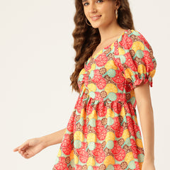 Cropped v-neck peplum puff sleeved top with digital print on linen fabric.