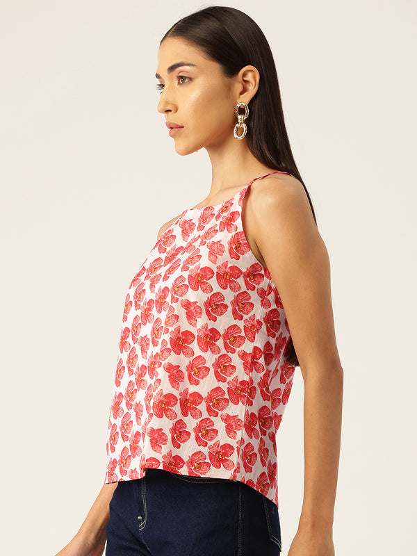 Relaxed fit strappy sleeveless top digitally printed on linen fabric.  | Size- Small |  Colour - White, red