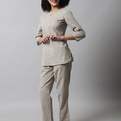 Green Printed Cotton Night Suit with V-Neck Kurti & Ankle-Length Pants