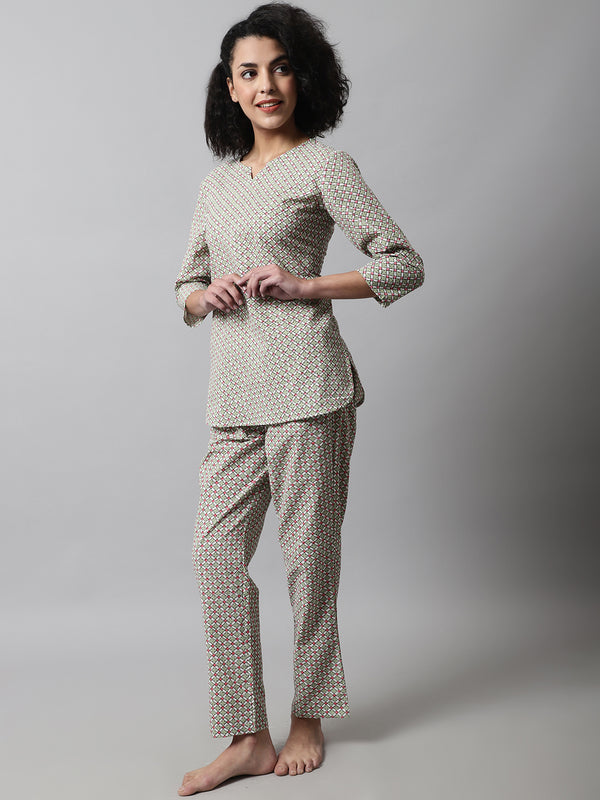 Green Printed Cotton Night Suit with V-Neck Kurti & Ankle-Length Pants