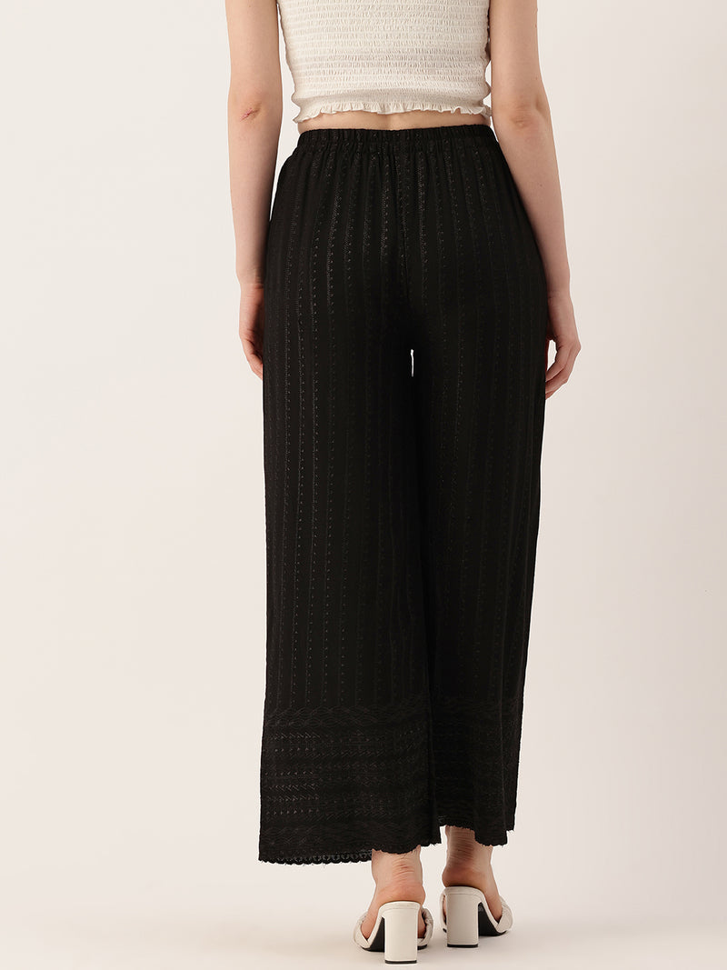 Black Black Embroidered Cotton Palazzos–Elastic Waist & Ankle-Length with Side Pocket