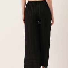 Black Black Embroidered Cotton Palazzos–Elastic Waist & Ankle-Length with Side Pocket