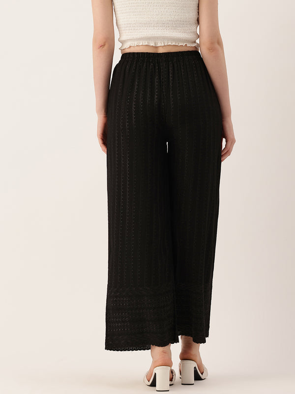 Black Black Embroidered Cotton Palazzos–Elastic Waist & Ankle-Length with Side Pocket