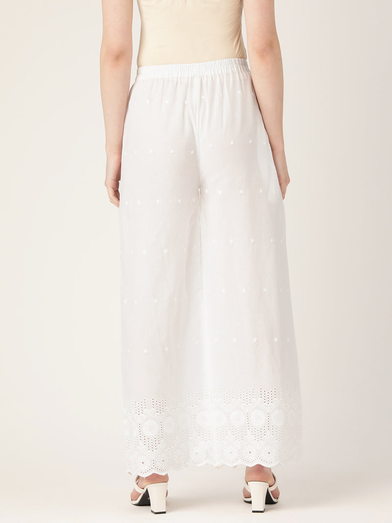 White White Embroidered Cotton Palazzos–Elastic Waist & Ankle-Length with Side Pocket