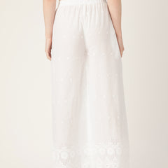 White White Embroidered Cotton Palazzos–Elastic Waist & Ankle-Length with Side Pocket