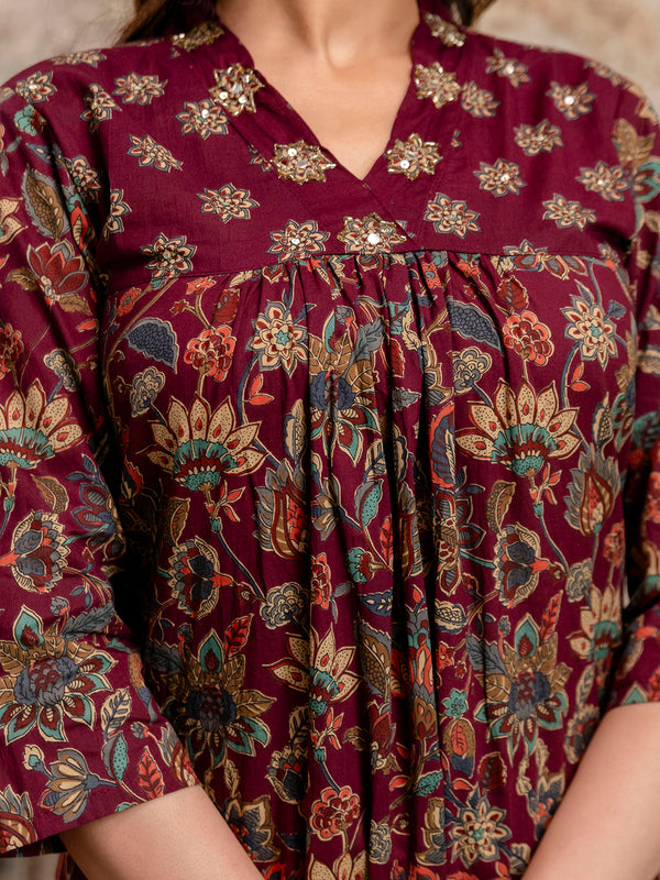 Pure Cotton Maroon V-Neck 3-Piece Kurta Set with Printed Dupatta