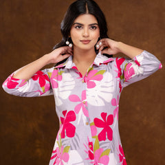 Grey Women’s Co-Ord Set–Printed Collared Kurta with 3/4 Sleeves & Elastic Waist Pants