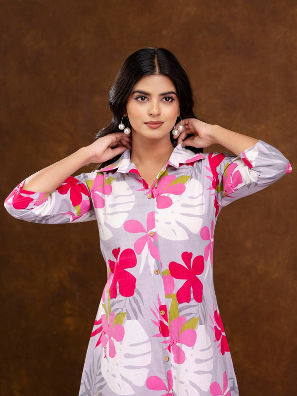 Grey Women’s Co-Ord Set–Printed Collared Kurta with 3/4 Sleeves & Elastic Waist Pants