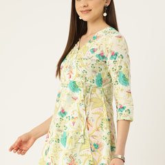 Floral Print Angrakha 3\4 Sleeves Flared Kurti