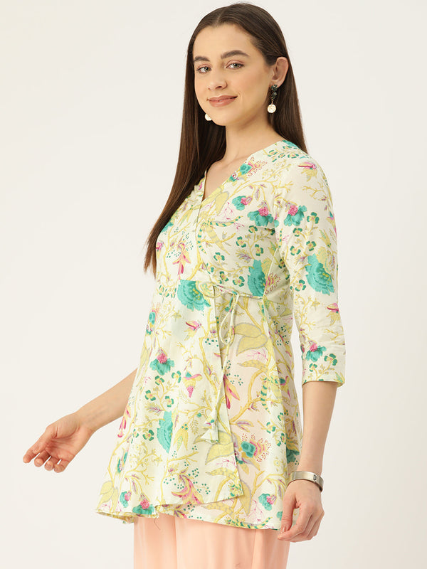 Floral Print Angrakha 3\4 Sleeves Flared Kurti