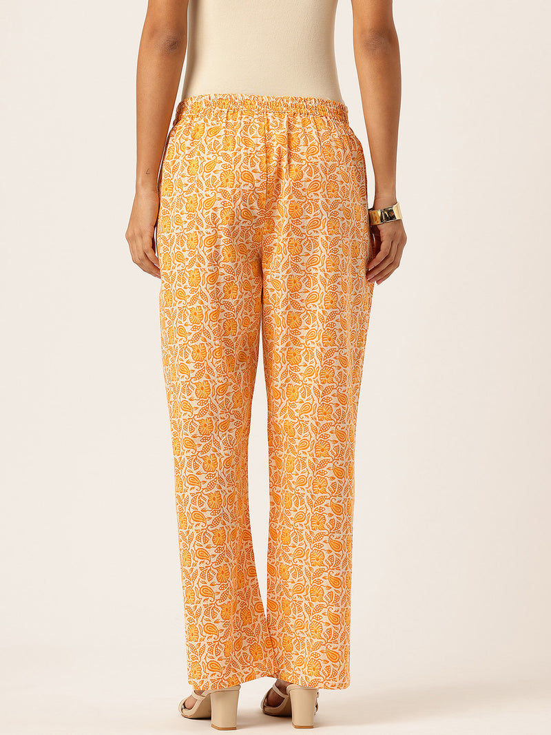 Yellow Women Pure Cotton Paisley Printed Palazzo Pants | Elastic Waist | Wide Leg