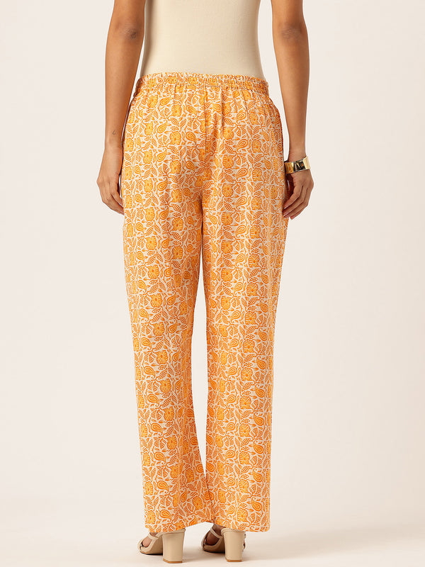 Yellow Women Pure Cotton Paisley Printed Palazzo Pants | Elastic Waist | Wide Leg