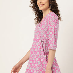 Floral Print Angrakha 3\4 Sleeves Flared Kurti